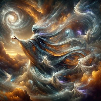 The primary subject of the image is a woman, possibly an angel, with long hair and a flowing dress. She is surrounded by a swirling, colorful background that includes clouds and a spiral pattern. The visual style of the image is digital art, with the woman and her surroundings depicted in a vibrant and detailed manner. The colors and mood of the image are lively and ethereal, with the woman and her environment exuding a sense of grace and beauty.